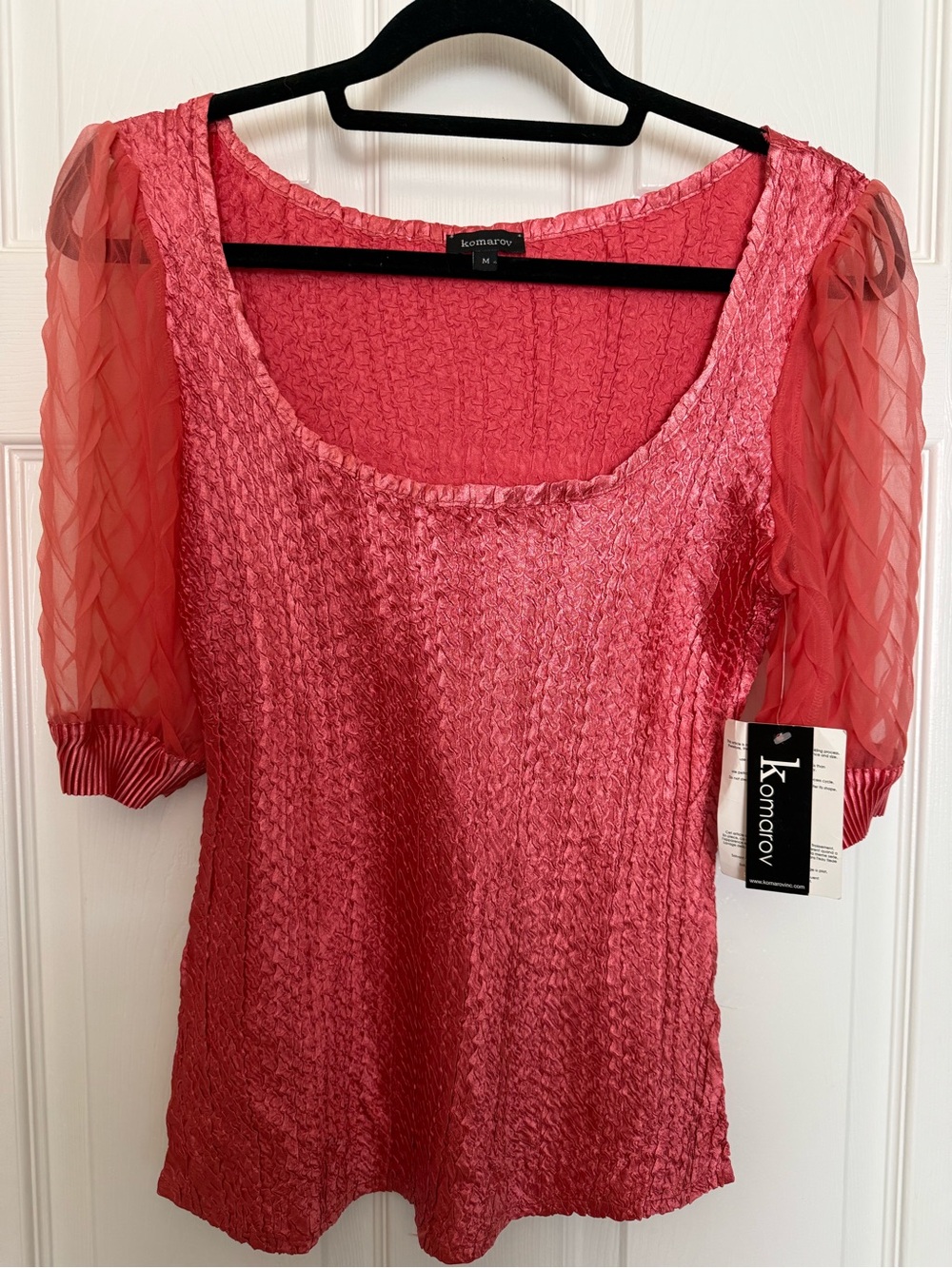 Komarov Coral Pink Textured Scoop Neck Top with Sheer Puff Sleeves